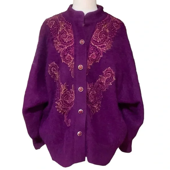 Angora blend purple beaded embroidered lined cardigan - Picture 1 of 10